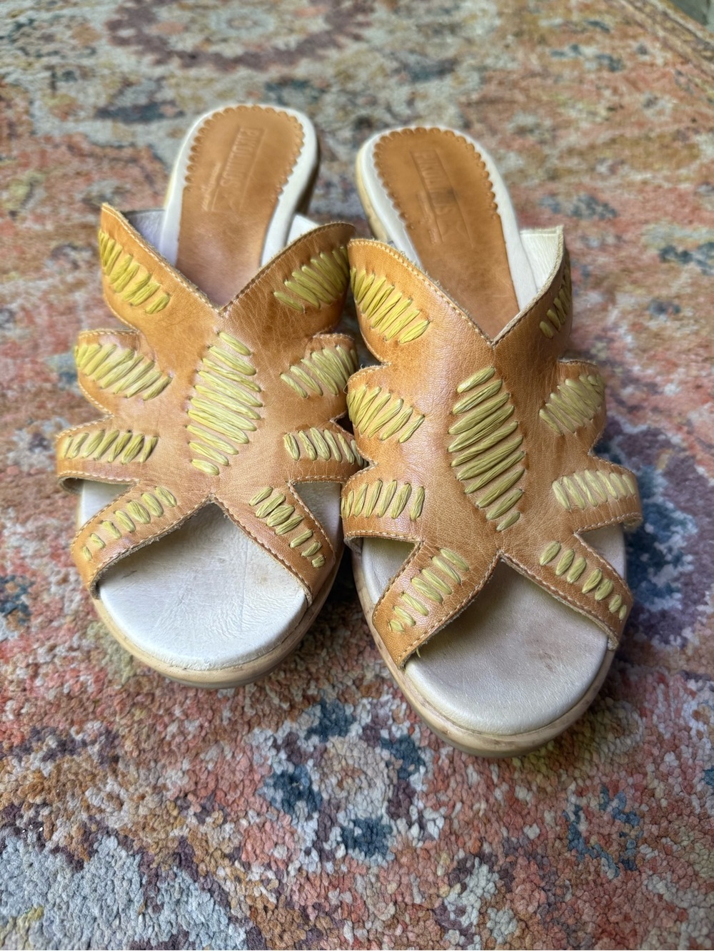 PIKOLINOS Tan Leather Slide Mules sandal with Yellow Stitching